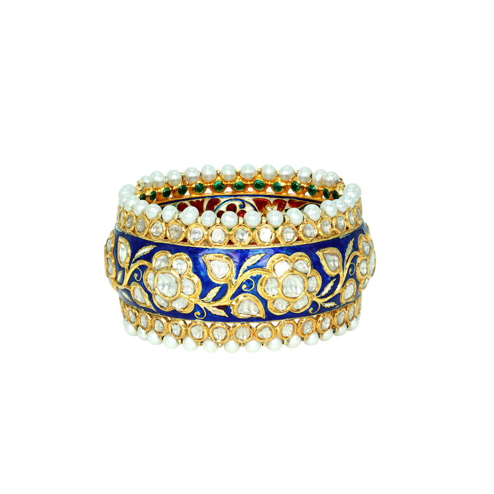 Indigo Enamel Bangle with Polki Florals and Pearl Edges